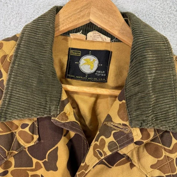 VINTAGE Sears Field Tested‎ Camo Duck Hunting Jacket Corduroy Collar Mens Large - Picture 2 of 14